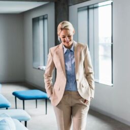 Professional woman smiling in a suit practicing a good work-life balance