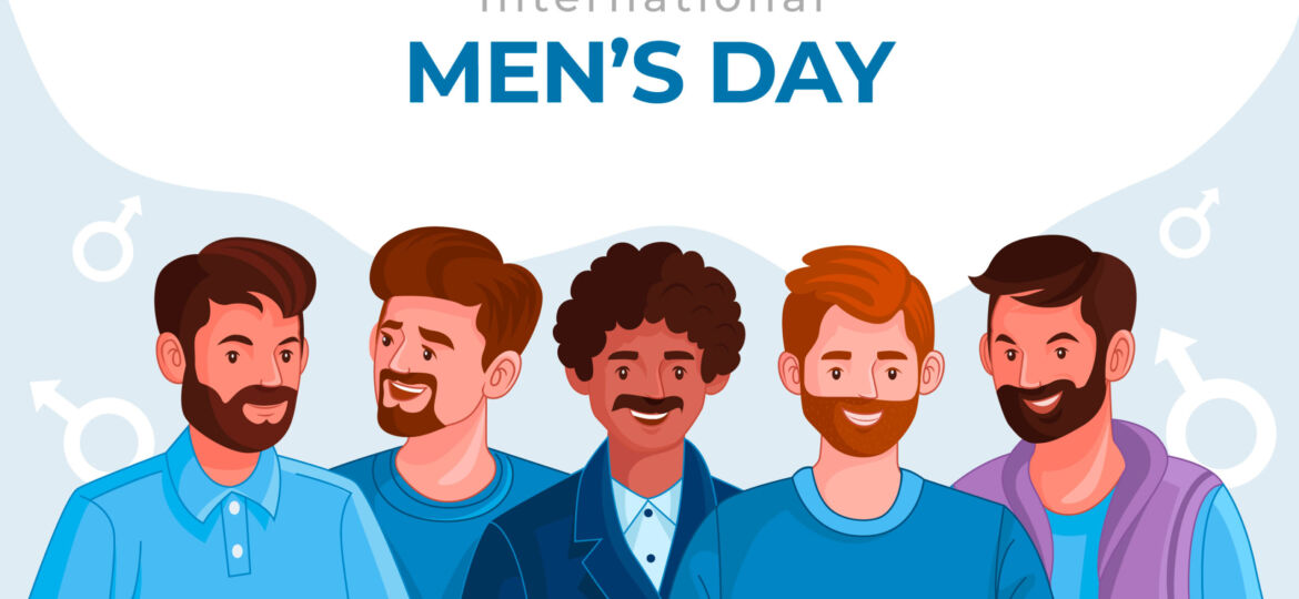 a group of animated men standing in a line for International men's day