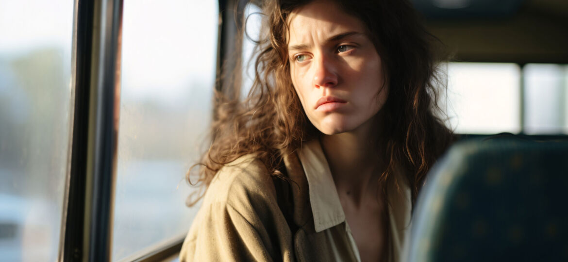 woman lonely, waiting for a bus, sad