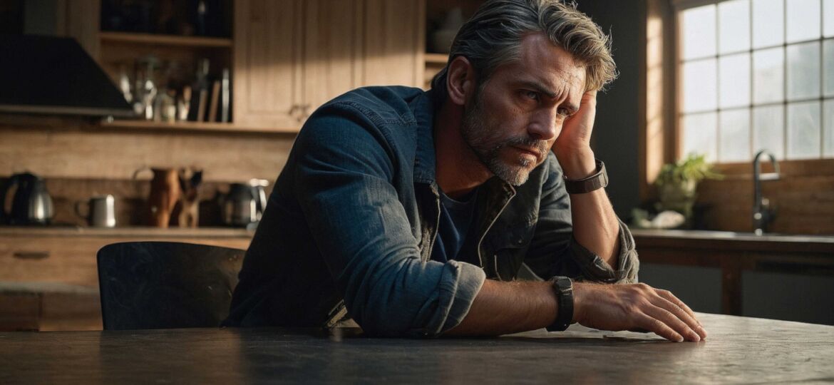 Man. depressed, sad, sitting, kitchen table