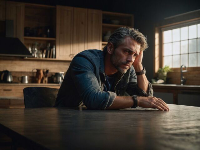 Man. depressed, sad, sitting, kitchen table
