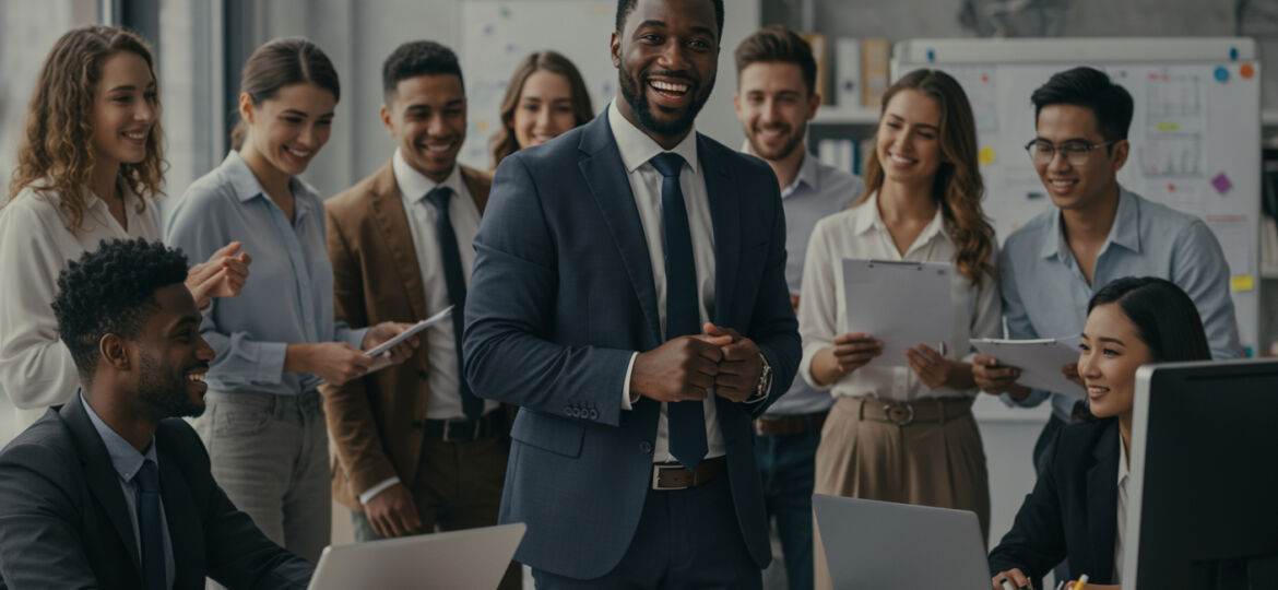 A confident leader stands smiling at the centre of a diverse team during a collaborative office meeting, demonstrating inclusive leadership and positive employee engagement.