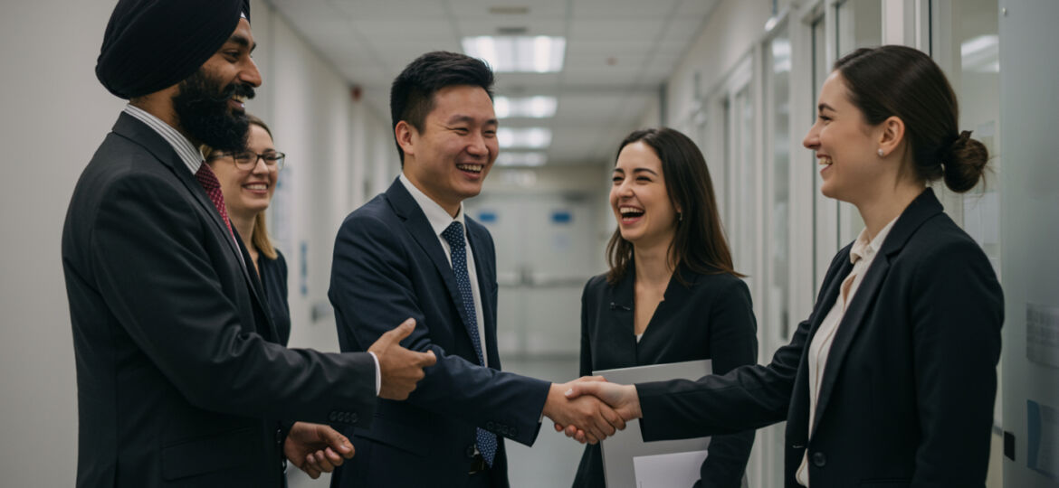 A diverse group of professionally dressed job seekers and career counselors smiling and shaking hands inside a Peel Region Career Centre, representing support for Mississauga jobs, Brampton jobs, and broader Peel Region jobs through collaborative employment services.