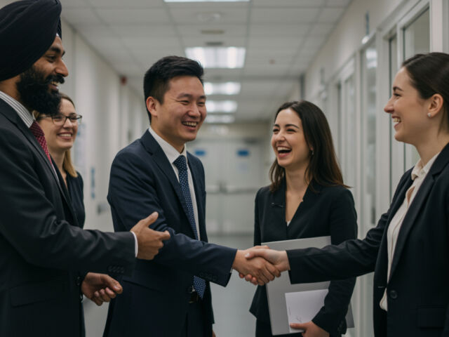 A diverse group of professionally dressed job seekers and career counselors smiling and shaking hands inside a Peel Region Career Centre, representing support for Mississauga jobs, Brampton jobs, and broader Peel Region jobs through collaborative employment services.