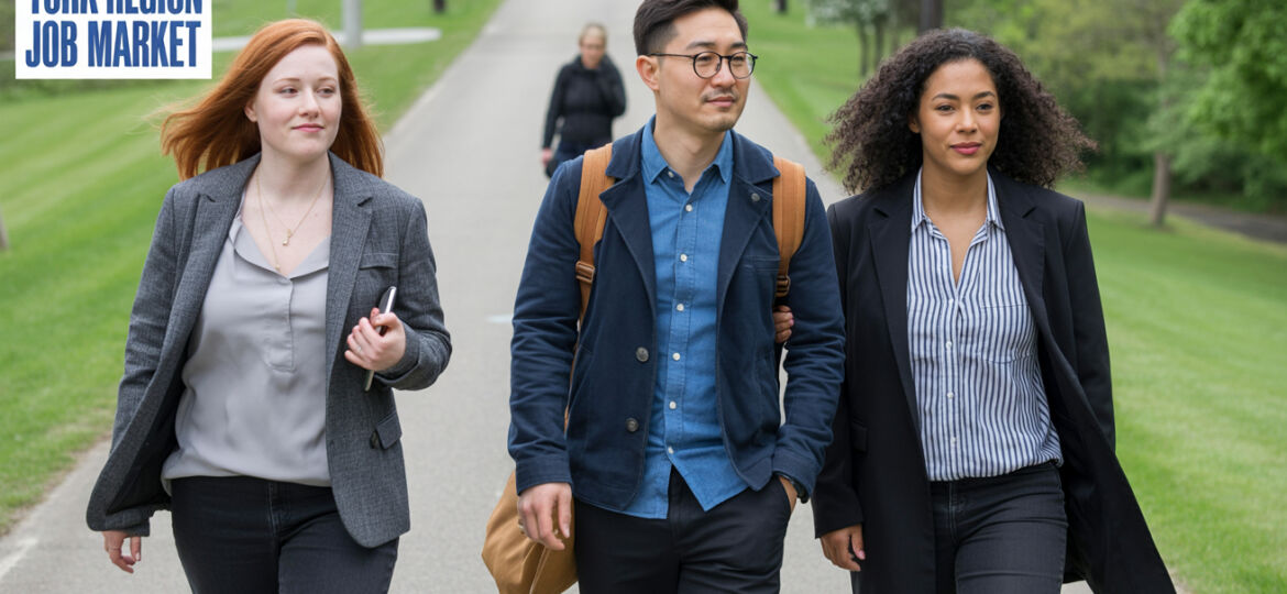 A diverse group of young professionals walking confidently outdoors, representing York Region job seekers navigating today’s labour market, with a York Region Job Market graphic displayed in the corner.