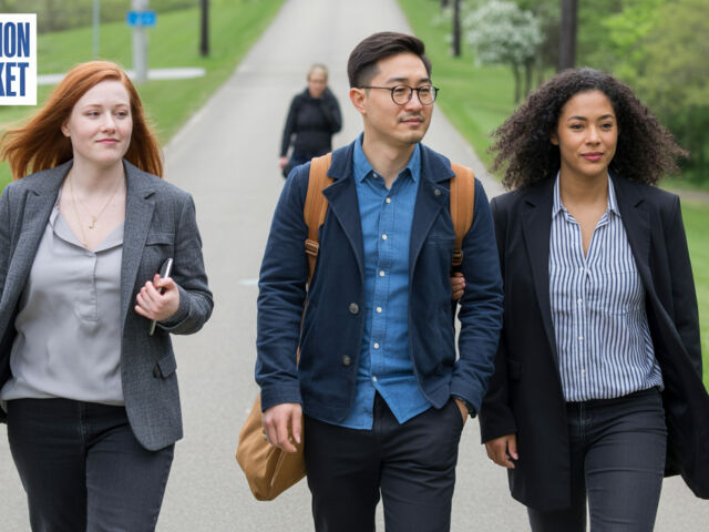 A diverse group of young professionals walking confidently outdoors, representing York Region job seekers navigating today’s labour market, with a York Region Job Market graphic displayed in the corner.