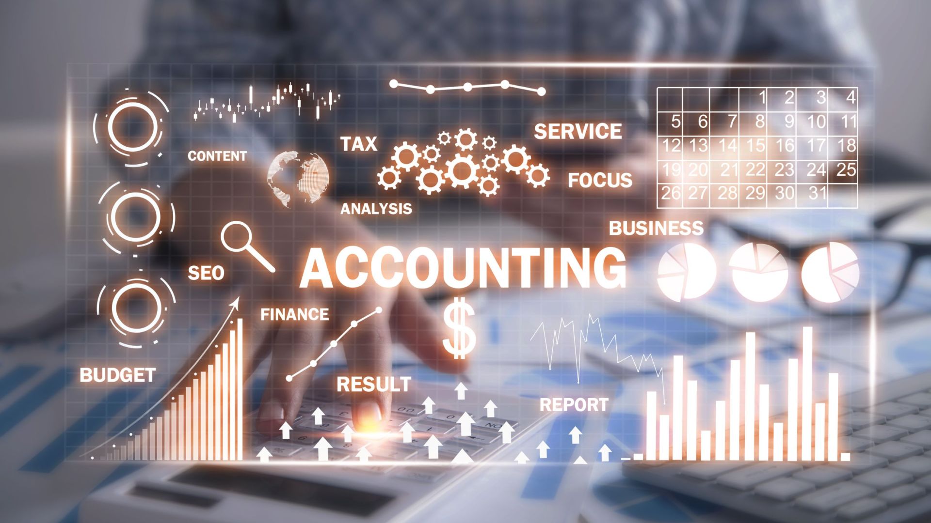 Financial graphs. Accountant working on desk using calculator. Accounting