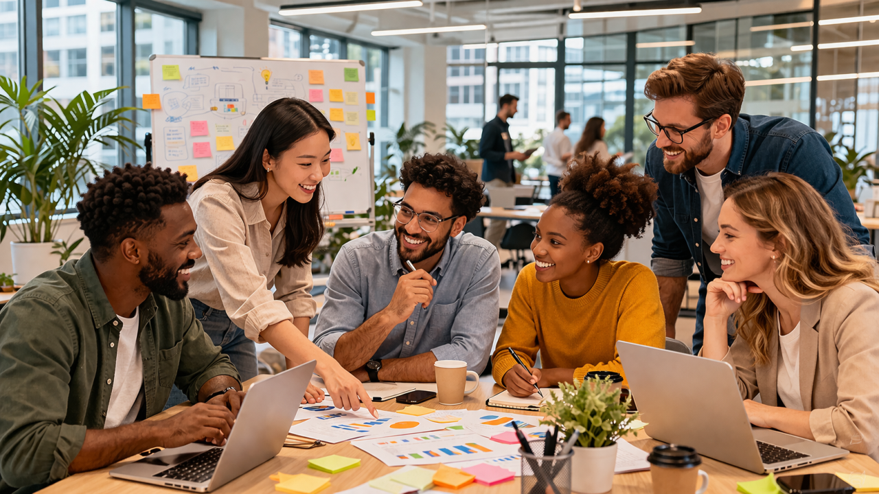 16356a8f-bea9-4b06-8be0-21f4fb18945d A diverse group of employees gathered around a table, actively collaborating on a project in a bright, modern office setting.