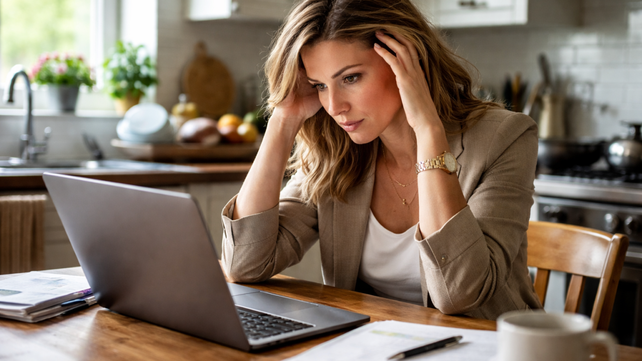 A small business owner working from home at a kitchen table, appearing distracted by household surroundings.