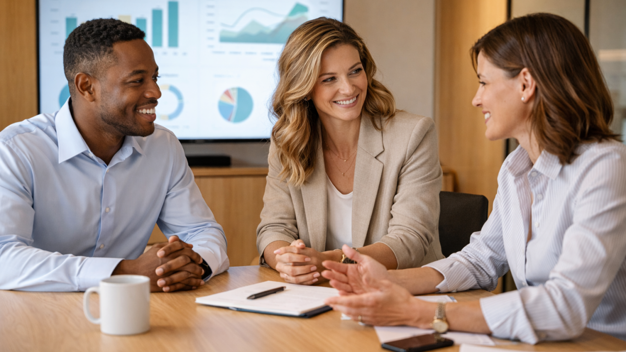 Business professionals meeting in a modern, well-equipped boardroom, representing the value of professional meeting space.