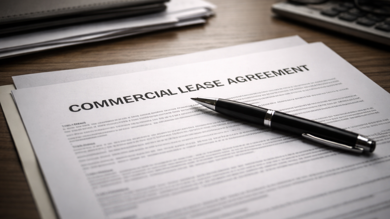 A commercial lease agreement on a desk, representing the long-term financial commitment of traditional office space.