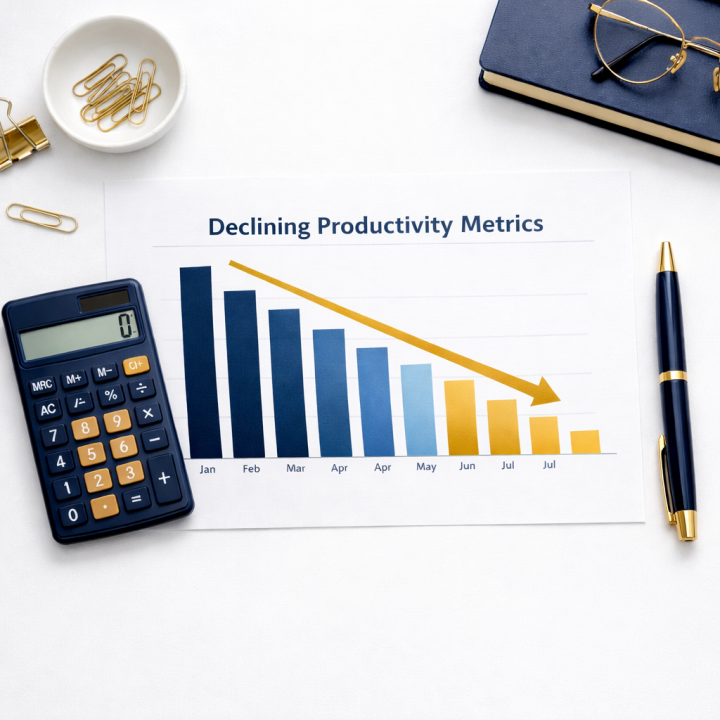 A printed productivity decline chart on a desk beside a calculator, representing the measurable financial cost of employee disengagement.