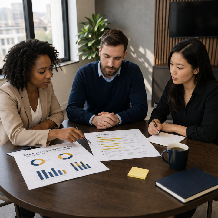 Three HR and management professionals reviewing employee engagement survey results together in a modern office meeting room.