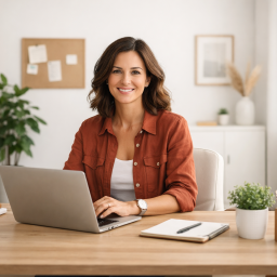 A small business owner working at a modern, professional office desk.
