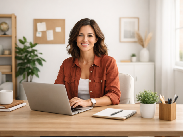A small business owner working at a modern, professional office desk.