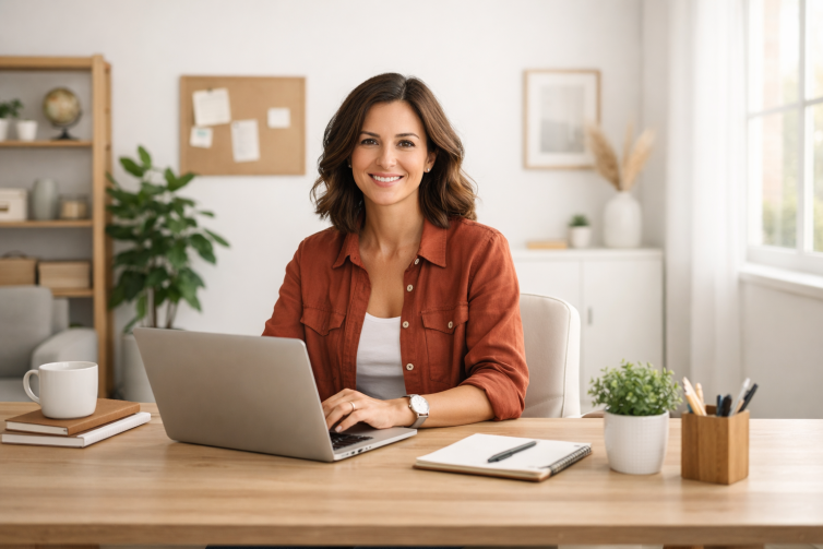A small business owner working at a modern, professional office desk.