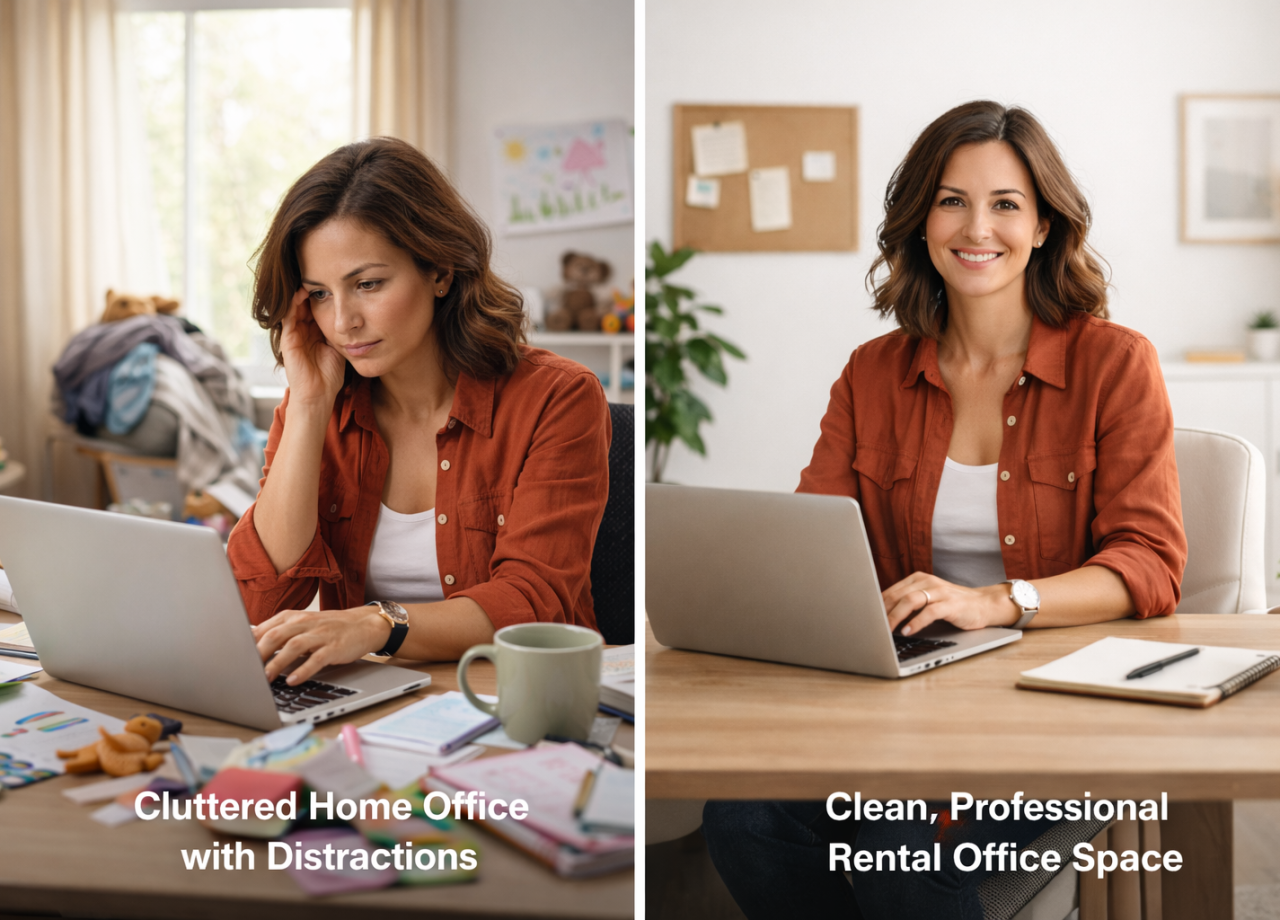 Side-by-side comparison of a cluttered home workspace versus a clean professional office environment.
