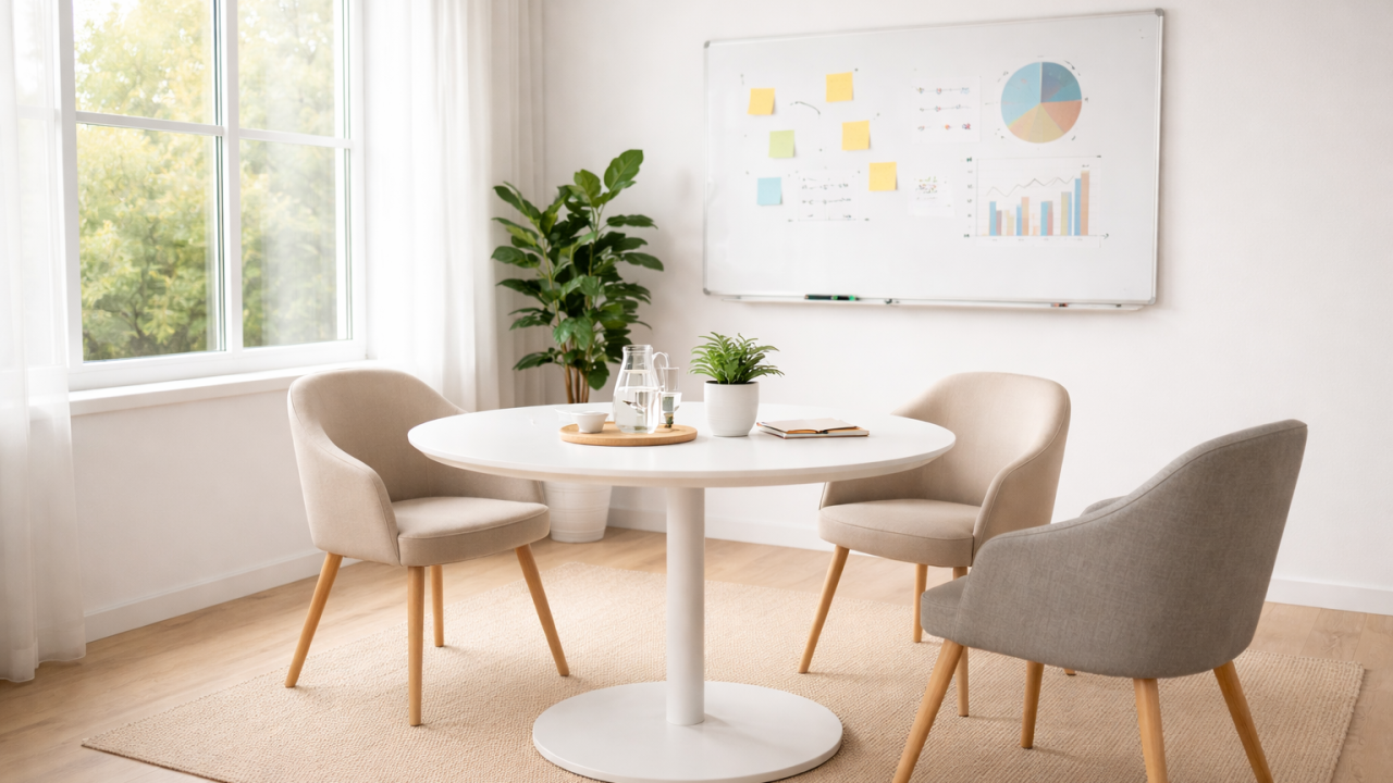 A small, bright professional meeting room with a whiteboard and round table.