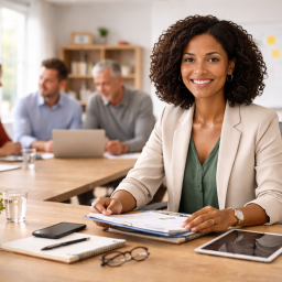 An HR professional reviewing employee feedback documents in a modern office setting.
