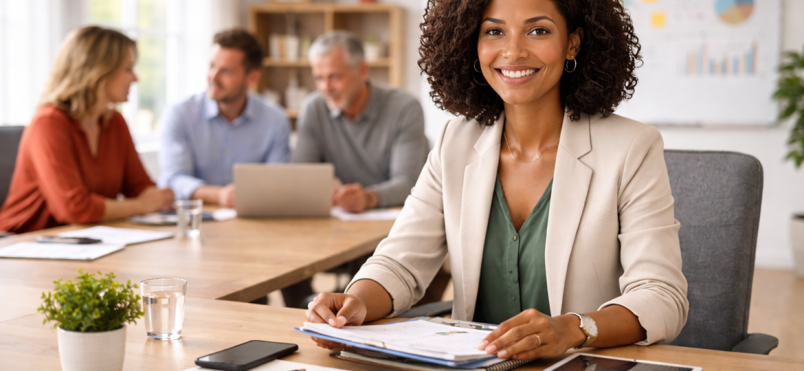 An HR professional reviewing employee feedback documents in a modern office setting.