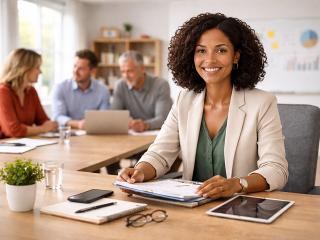 An HR professional reviewing employee feedback documents in a modern office setting.