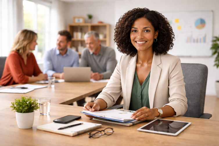 An HR professional reviewing employee feedback documents in a modern office setting.