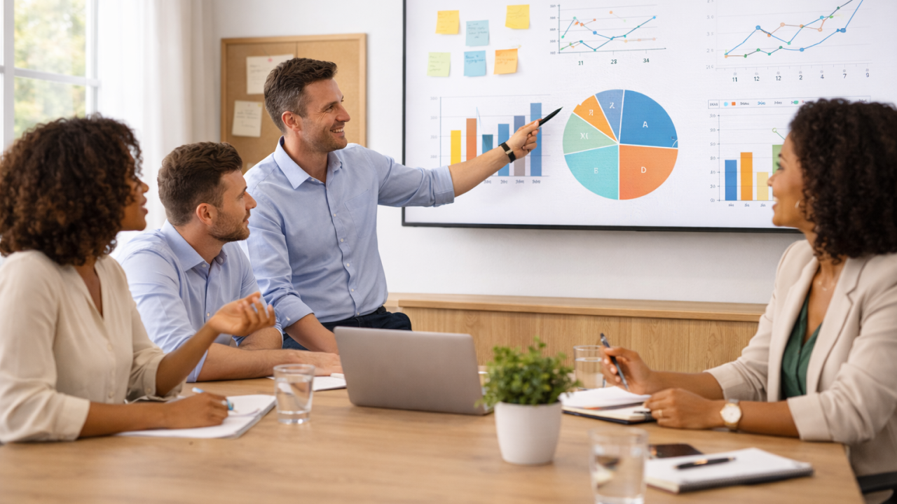 A people manager presenting employee engagement survey results to a team in a meeting room.