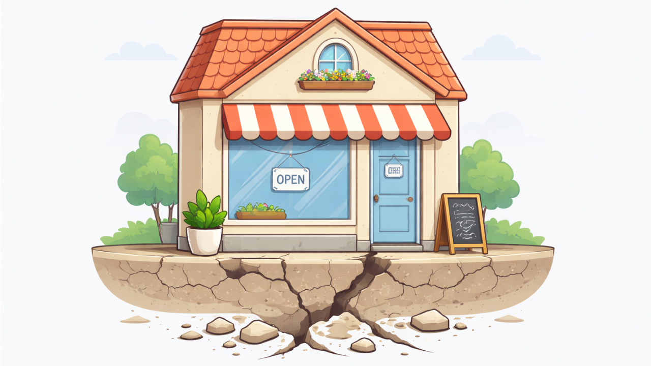 Illustration of a small building with a visible crack in its foundation, representing HR vulnerabilities in small businesses.