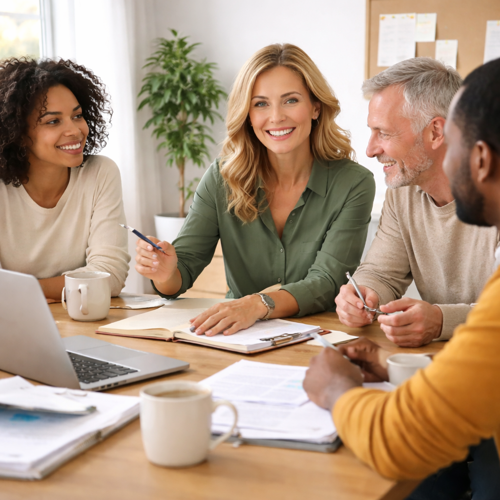 A small business team having a collaborative meeting in a bright, casual office space.