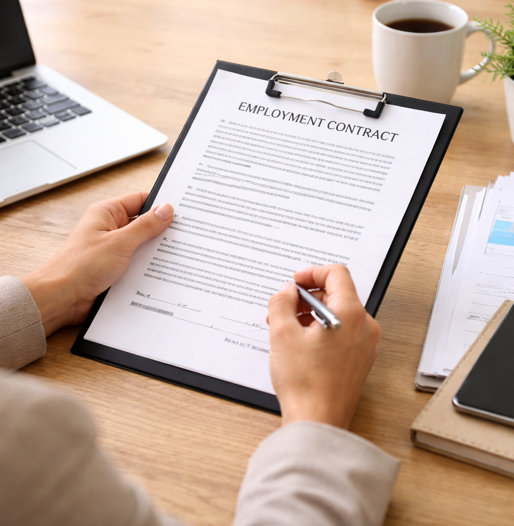 A business professional reviewing an employment contract or HR policy document at a desk.