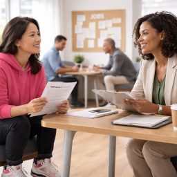 A job seeker meeting with an employment counsellor in a bright, welcoming employment services centre.