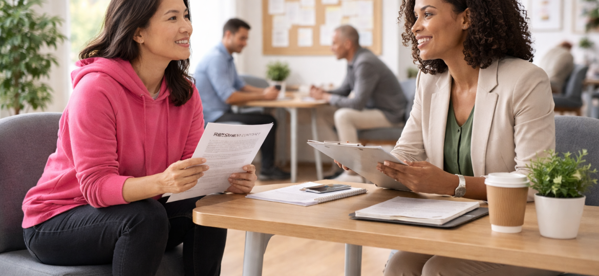 A job seeker meeting with an employment counsellor in a bright, welcoming employment services centre.