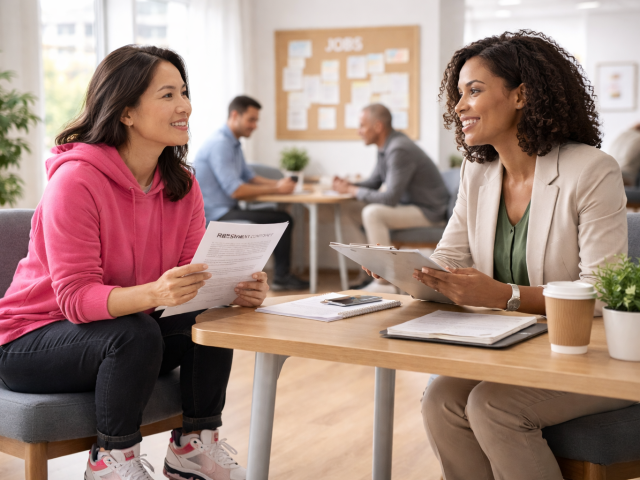 A job seeker meeting with an employment counsellor in a bright, welcoming employment services centre.