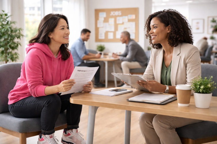 A job seeker meeting with an employment counsellor in a bright, welcoming employment services centre.