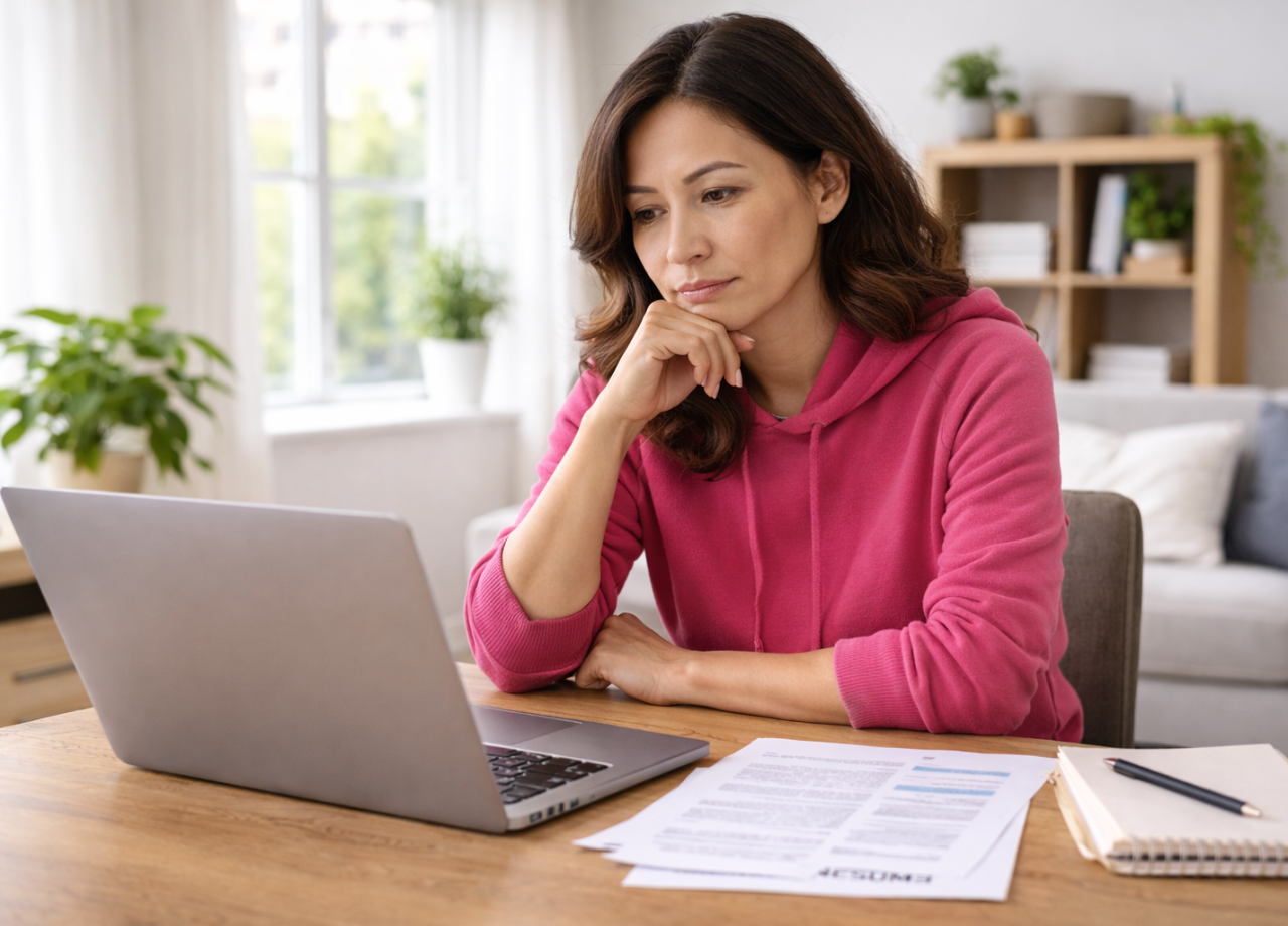 A job seeker reviewing job listings on a laptop at home, surrounded by printed resumes and notes.