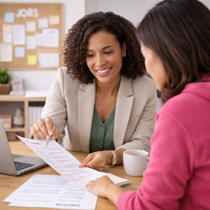 An employment counsellor reviewing a job seeker's resume and providing guidance in a professional office setting.