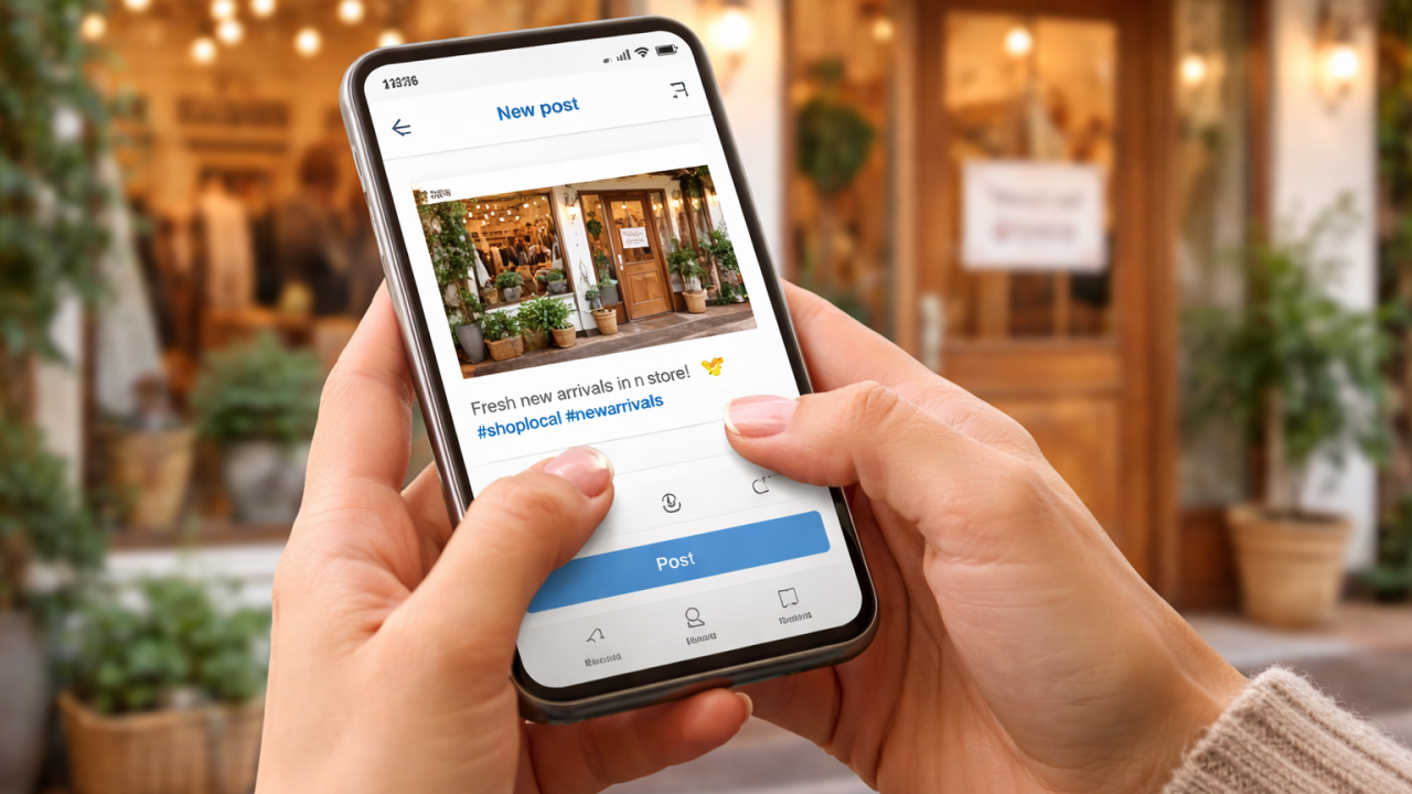 Creating a post for the boutique Close-up of a person composing a social media post on their smartphone with a small business storefront visible in the blurred background.