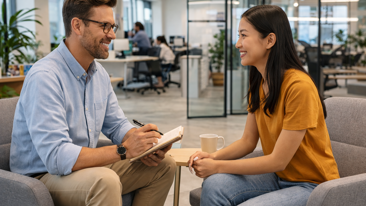 Office conversation in a modern space A manager and employee engaged in a one-on-one conversation, smiling in a relaxed and welcoming office environment.