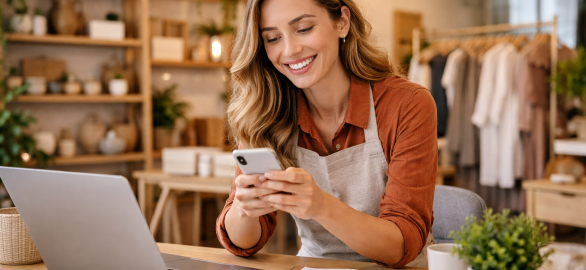 A small business owner smiling while reviewing their social media on a laptop in their bright, welcoming workspace.