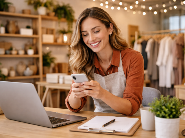 A small business owner smiling while reviewing their social media on a laptop in their bright, welcoming workspace.