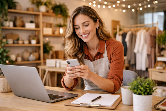 A small business owner smiling while reviewing their social media on a laptop in their bright, welcoming workspace.