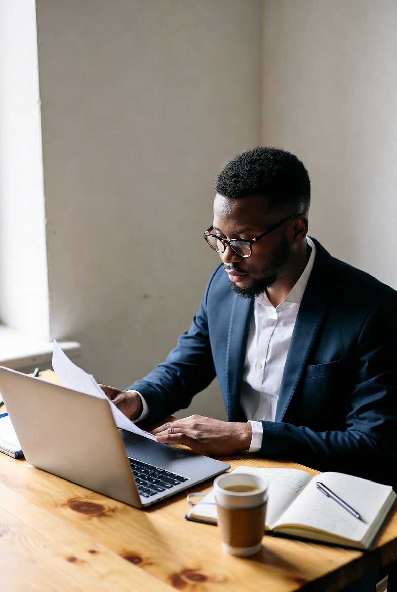 Newcomer entrepreneur reviewing business documents
