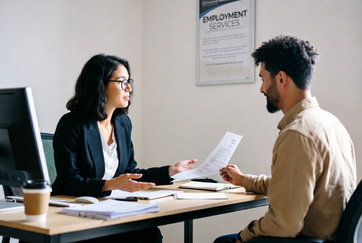 Career coach supporting job seeker