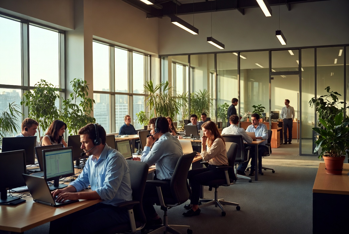 Hybrid workplace with employees experiencing modern workplace stress