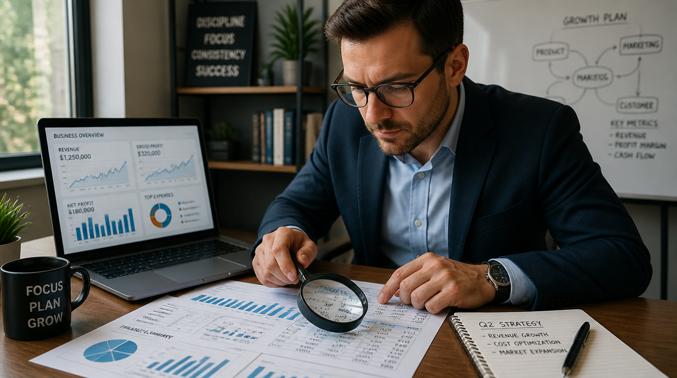 Business owner analyzing competitor research on a laptop