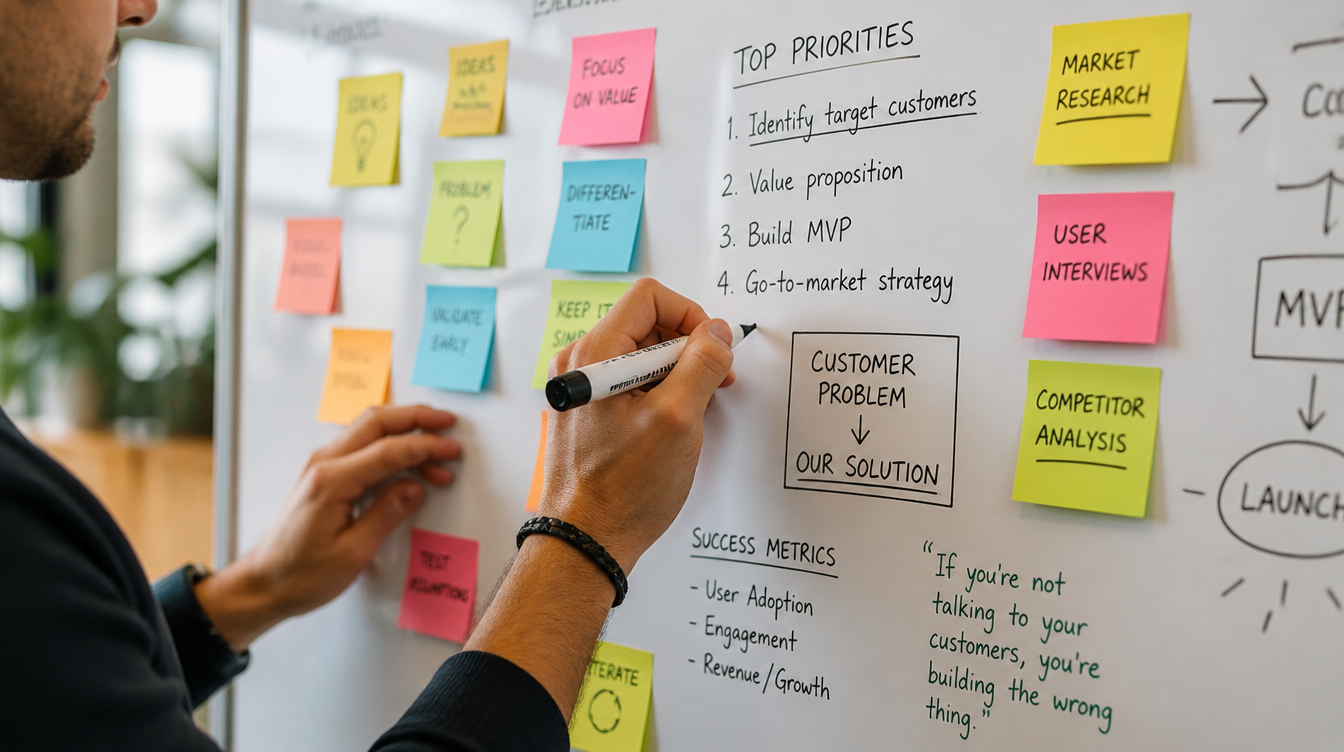 Entrepreneur brainstorming business problems and solutions on a whiteboard