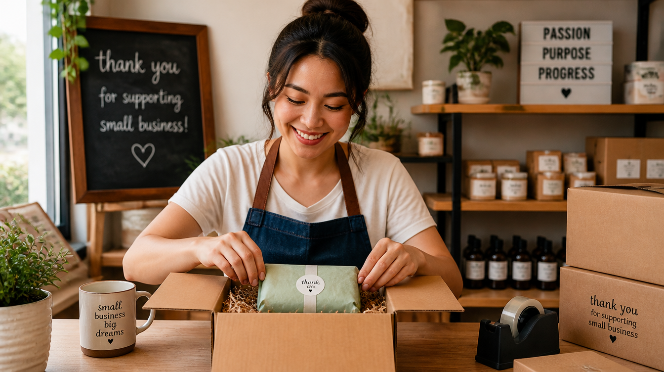 Person smiling while handing a product to a customer