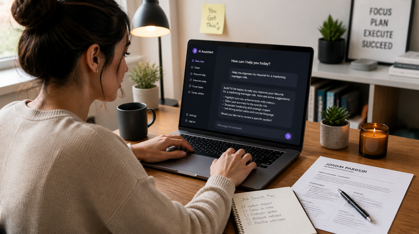 Job seeker using an AI tool alongside traditional job search materials