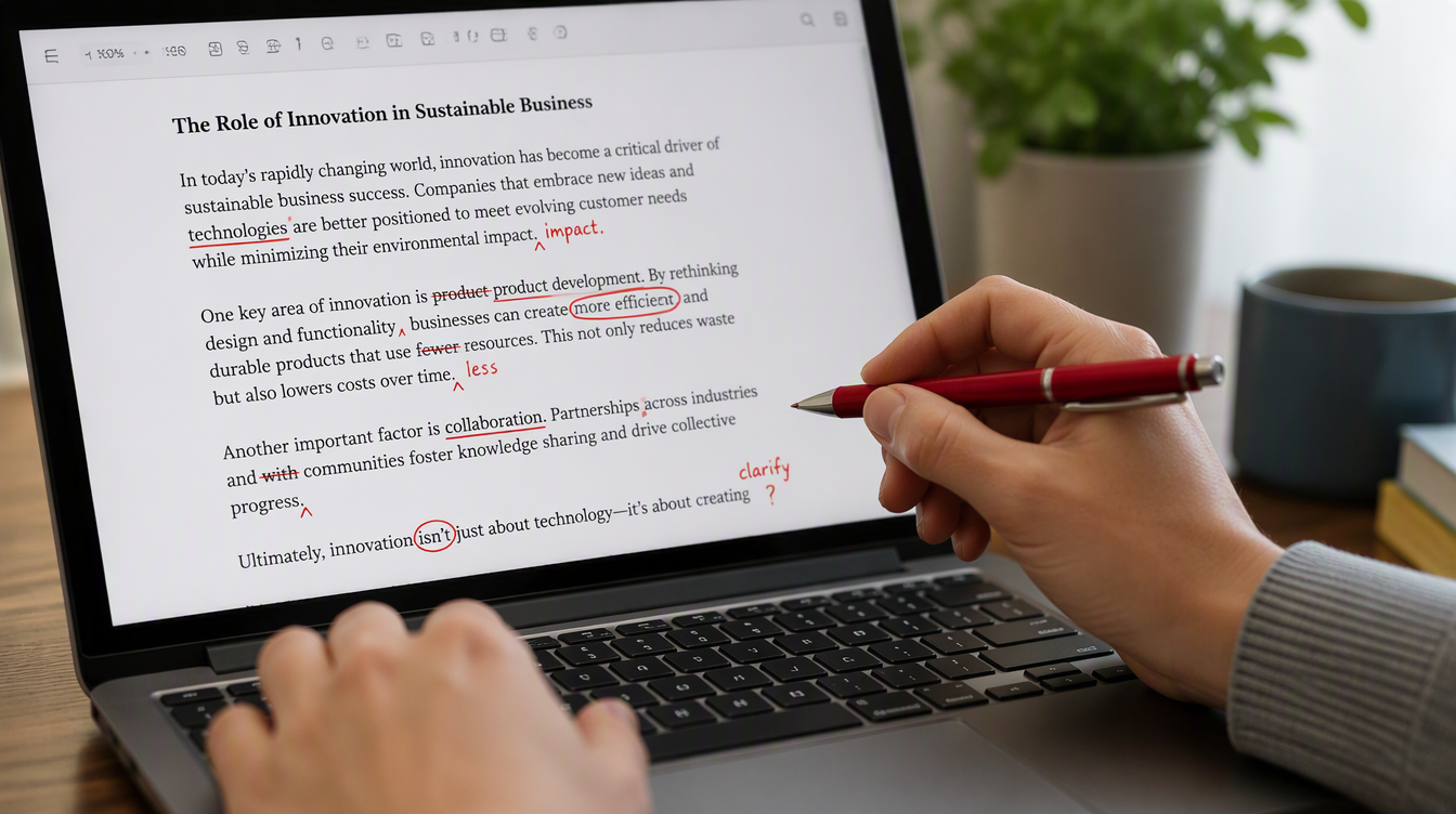 Person carefully proofreading a document on a laptop