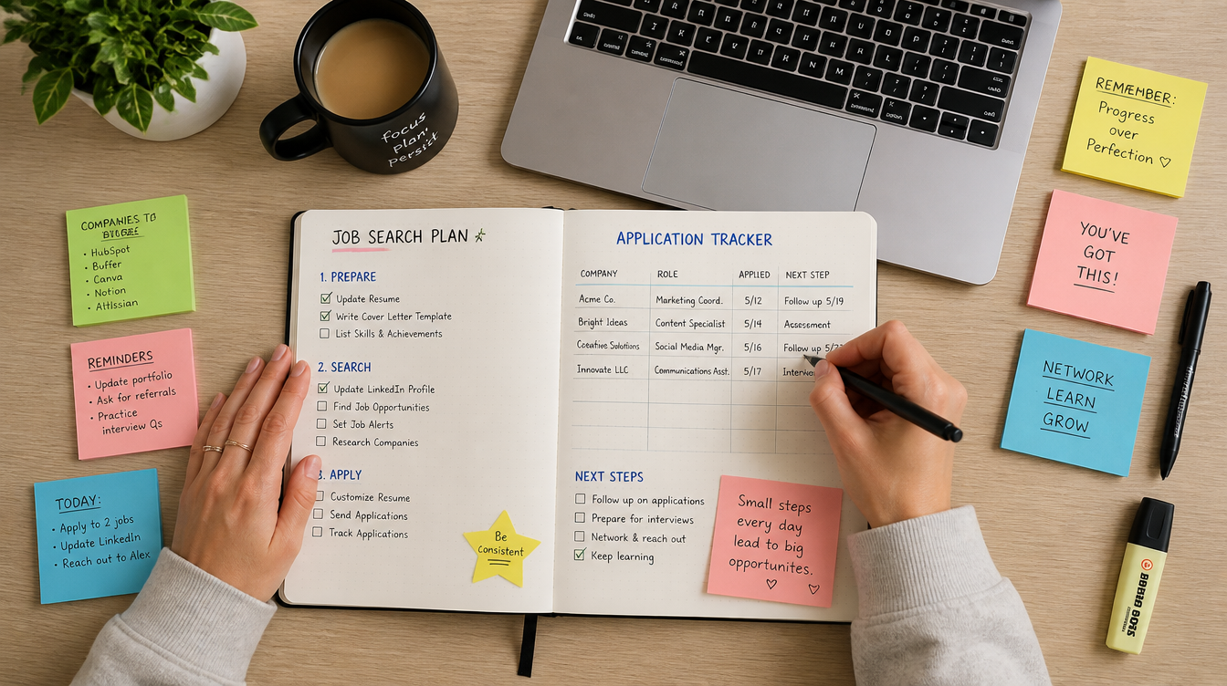 Person organizing a job search checklist and planner